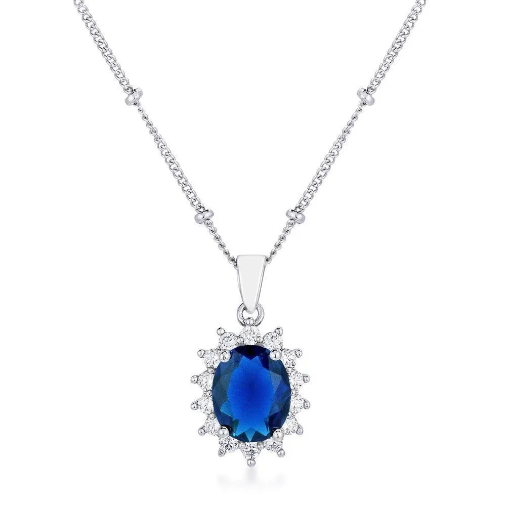 Rhodium Plated Sapphire Blue Petite Royal Oval Pendant - Picture 1 of 1